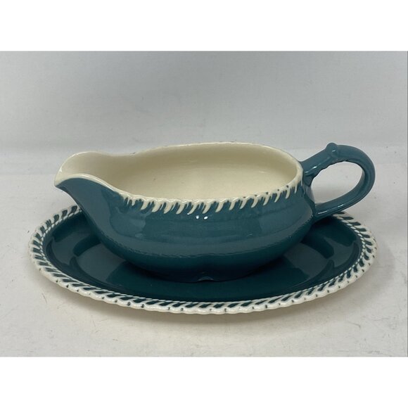 Harker Pottery Corinthian Teal Green Gravy Boat & Plate White Trim Harkerware - Picture 2 of 11